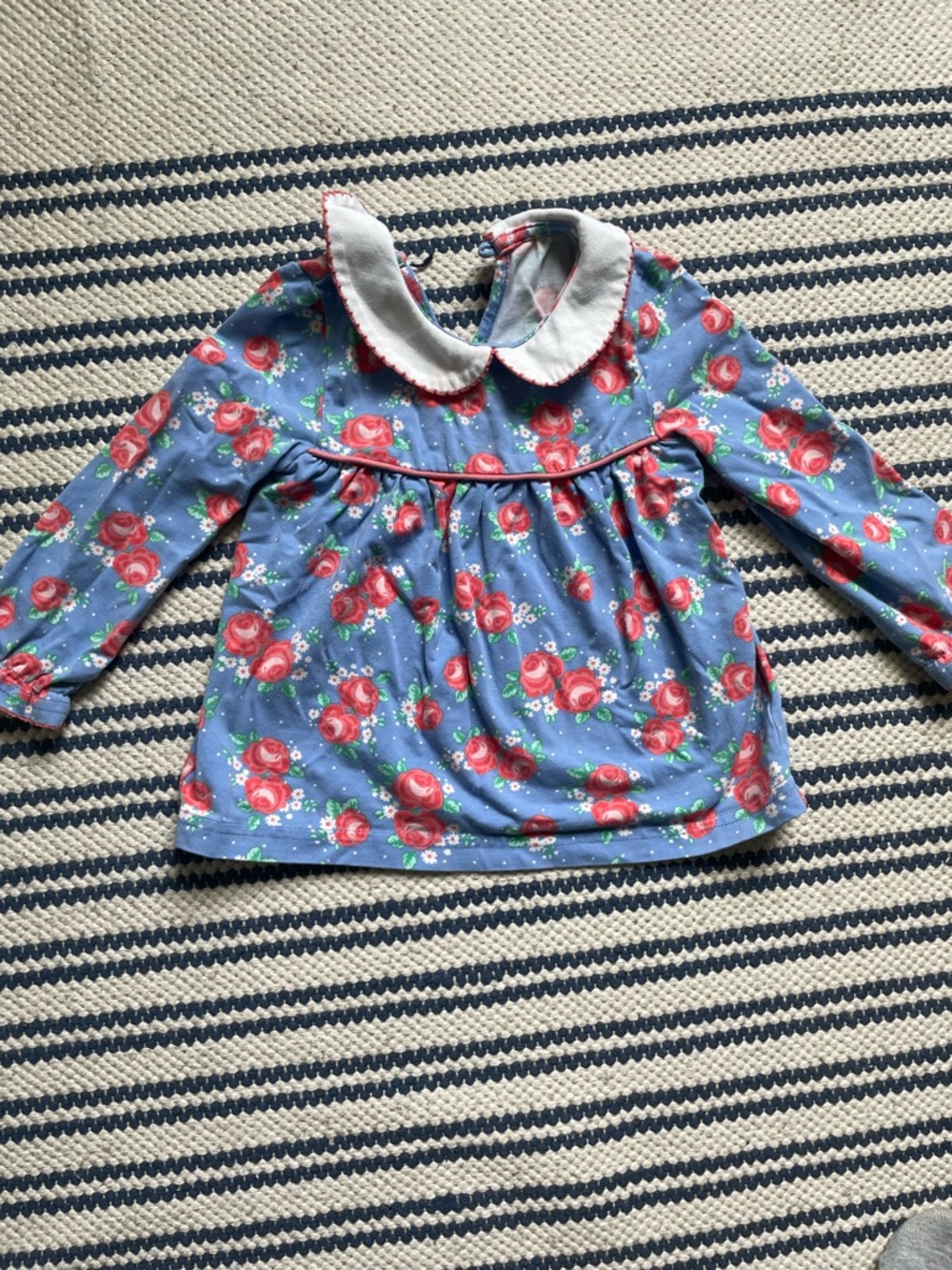 Floral Peter Pan Collar Top - Blue with Red Roses